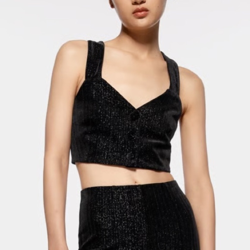 Zara Festive Days Black Velvet Crop Top Metallic Thread, Size L